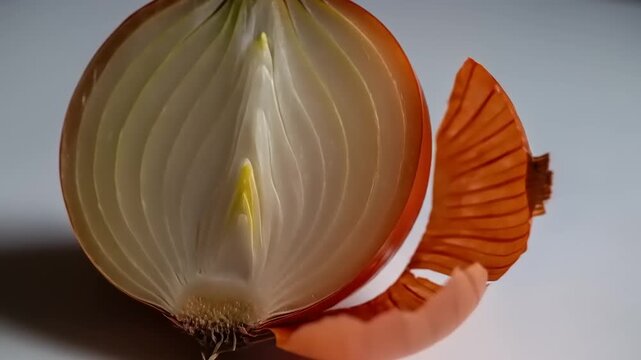 Close up of a fresh onion cut in half showing its layers and skin.