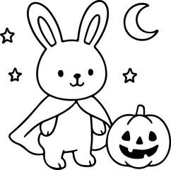 Cartoon Halloween rabbit in cloak with pumpkin coloring page. Vector holiday colouring book for kids and adults for stress relief. Preschool printable sheet with bunny, squash, stars and crescent
