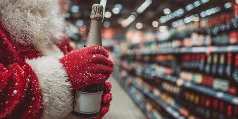 Santa holding bottle in liquor store aisle during holiday shopping