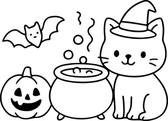 Cartoon Halloween cat in witch hat coloring page. Vector holiday colouring book for kids and adults for stress relief. Preschool printable sheet with kitty, pumpkin, bat and cauldron