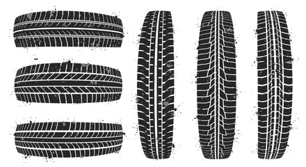 Grungy tire track designs with splatter effect offer a bold, dynamic visual element for automotive designs and racing event promotions