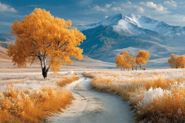 The golden pathway: an autumnal alley of birch trees and frosted fields. Studio shot. Shimmering leaves and frosted grass: a scenic birch avenue in autumn. Rule thirds. Strong contrast.