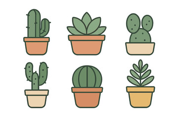 Set of six different potted desert plants including various cacti and succulents