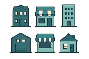 Flat design icons of residential houses, commercial storefronts, and apartment buildings