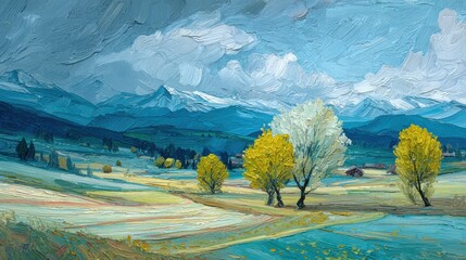 Digital illustration of a spring countryside landscape with green fields