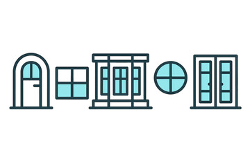 Architectural elements featuring various styles of doors and windows for building design