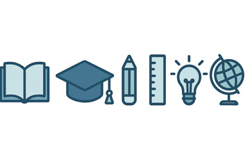 Row of academic icons showing open book, graduation hat, pencil, ruler, idea lightbulb, and world globe