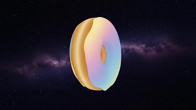 Colorful donut floating in a cosmic background with stars and nebulae, surreal atmosphere