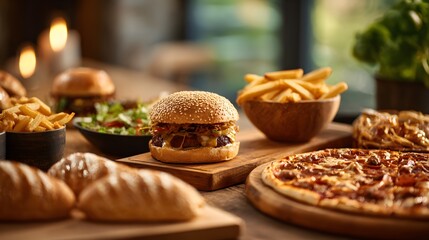 Delicious assortment of freshly prepared food items, including a sesame-seed bun hamburger on a wooden cutting board, french fries in a bowl, a pizza on a wooden pizza peel, and several bread rolls...