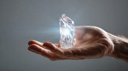 glowing quartz crystal cluster held in a hand