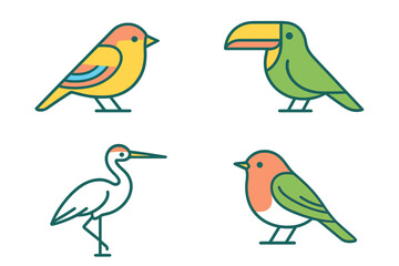 Stylized icon collection featuring various bird species: tropical toucan, songbird, and wading heron