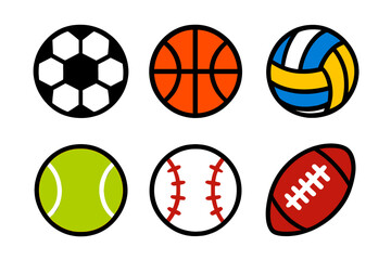 Set of six popular sports balls for soccer basketball volleyball baseball and football