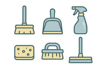 Essential household cleaning tools and equipment icons set in flat design style