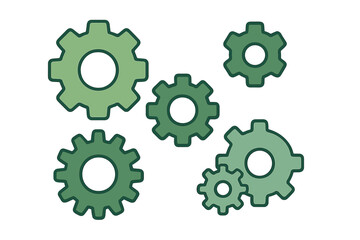 Collection of various sized green mechanical gears and cogs on a white background