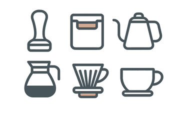 Essential coffee brewing equipment tools including tamper kettle dripper and server