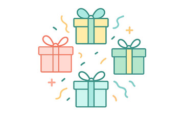 Colorful wrapped gift boxes with ribbons and bows and festive confetti