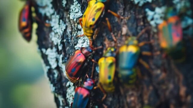 Vibrant insects on tree bark macro detail