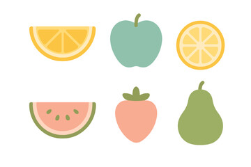 Minimalist set of fresh summer fruits including citrus, apple, strawberry, watermelon, and pear