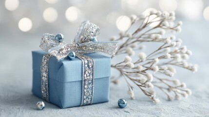 Elegant blue gift box decorated with silver ribbon