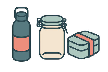 Reusable water bottle, glass jar, and lunch box container set for zero waste lifestyle