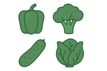 Naklejka premium Set of four fresh green vegetable icons: bell pepper, broccoli, cucumber, and cabbage