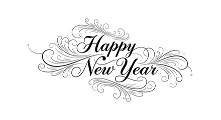 Ornate Happy New Year wishes with elegant swirls and sparkling accents for festive greetings and celebratory designs this holiday season