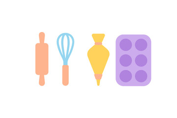 Fototapeta premium Essential kitchen tools set for baking and pastry making including rolling pin whisk and silicone mold