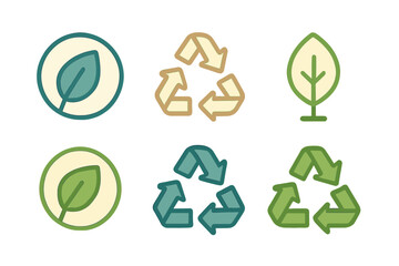 Set of ecological icons featuring recycling arrows and organic leaves in muted earthy colors