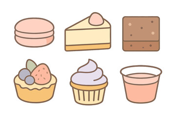Assortment of sweet treats and baked goods featuring cheesecake, macaron, cupcake, and fruit tart