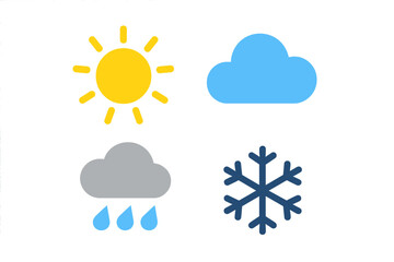 Four essential weather forecast symbols: sunny, cloudy, rainy, and snowy conditions