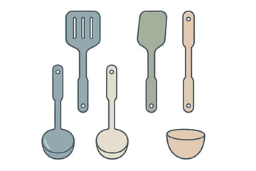 Modern kitchen utensils set including spatulas, ladles, and serving bowl