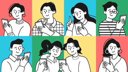 Modern line art of Gen Z people interacting with smartphones. Designed to express digital lifestyle, creativity, and new generation communication in a minimal and trendy visual style