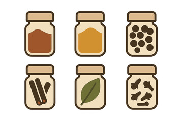 Set of kitchen jars containing different aromatic culinary spices and seasonings