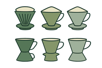 Collection of six manual coffee drippers and brewing equipment in green tones