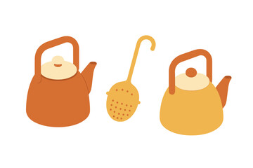 Warm colored kitchen utensils including two teapots and a metal tea infuser strainer