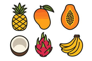 Colorful collection of tropical fruits: pineapple, mango, papaya, coconut, dragon fruit, and bananas