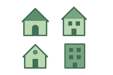 Minimalist set of four green building icons for residential and commercial architecture