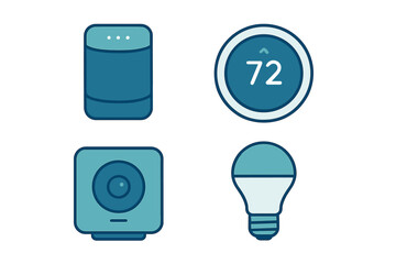 Smart home technology icons set: speaker, thermostat, security camera, light bulb
