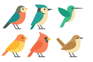 Diverse set of six colorful stylized birds including cardinal, blue jay, and hummingbird in modern flat aesthetic