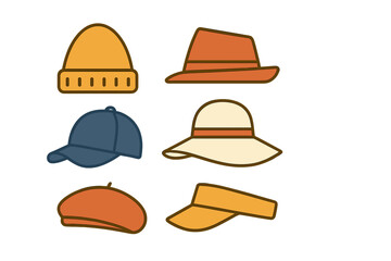 Colorful collection of six diverse headwear styles including beanie fedora baseball cap sun hat beret and visor