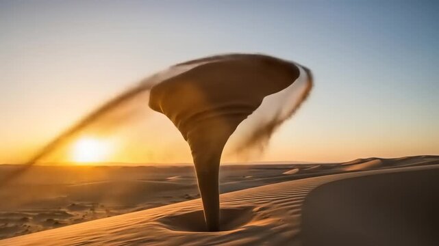 Desert Dust Devil Formation at Sunset Captures Natural Phenomenon.