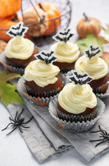 Halloween cupcakes with bat decoration and small pumpkins