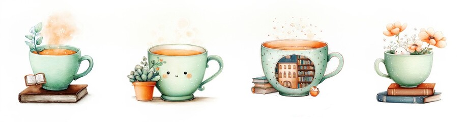 Cute watercolor illustration of  colorful teacup with books