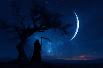 Grim reaper holding long scythe standing over dead tree, stars, moon and night sky, Halloween mystery concept