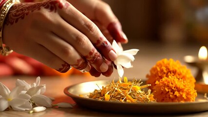 Karaka Chaturthi : Graceful Hands with Mehndi Art Preparing a Floral Offering of Marigolds for a Hindu Festival - Powered by Adobe