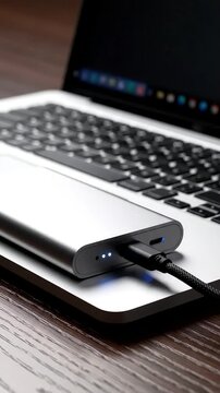 Sleek Portable Power Bank Charging a Laptop with a USB-C Cable on a Warm Wooden Surface Essential Technology for Mobile Productivity and Device Charging