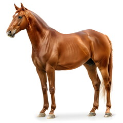 Realistic portrait of a red horse standing in side view on a white background, full body, shiny chestnut coat, elegant muscles, calm intelligent eyes, detailed texture, dynamic lighting, soft shadows.