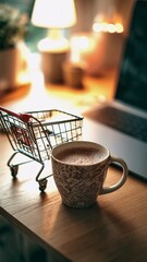 Shopping cart beside a steaming mug and open laptop on a wooden desk, evoking cozy, convenient home online shopping and remote work moments in warm ambient light