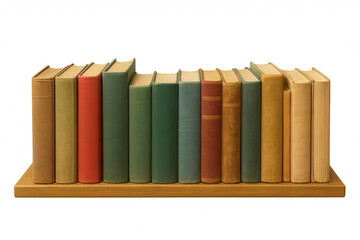 Naklejka premium Vintage books on wooden shelf displaying knowledge and literature, old publications for education on transparent background