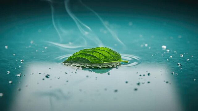 Green leaf floating in water with ripples and vapor on a blue surface